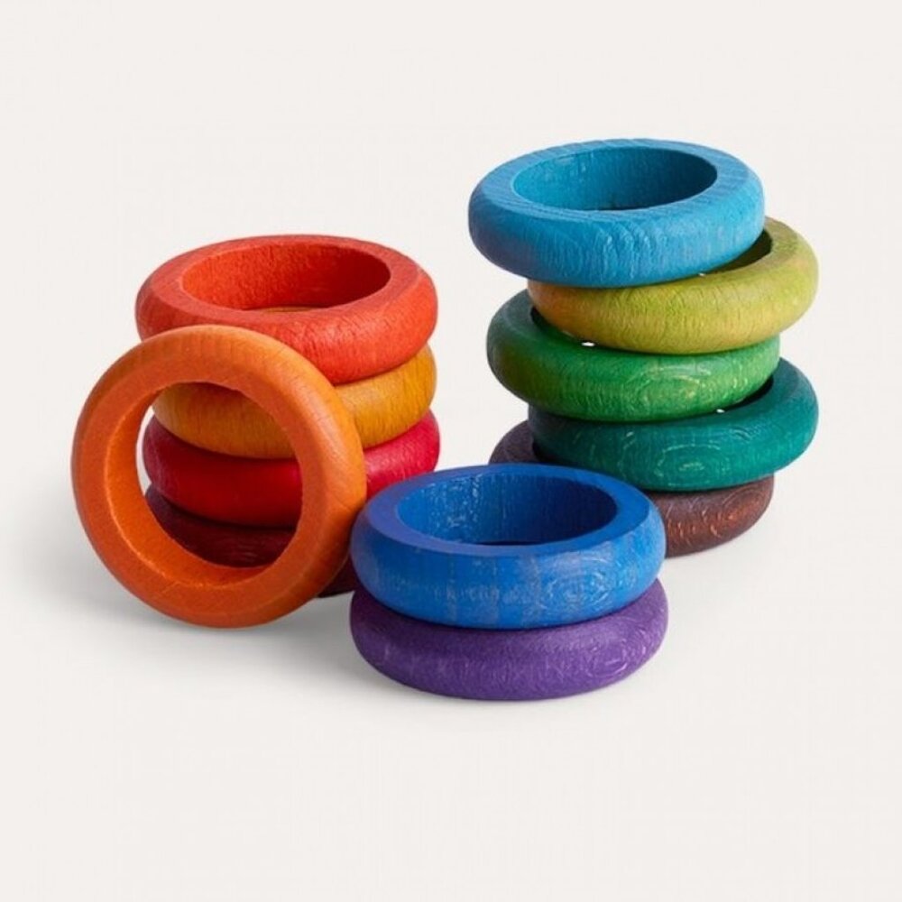 NWT Grapat Wooden Toys 12 Wood Coloured Rings